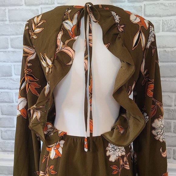 Buckle Willow & Root Blouse Open Back Long Sleeve Peplum Boho Ruffled L Brown - Picture 8 of 9